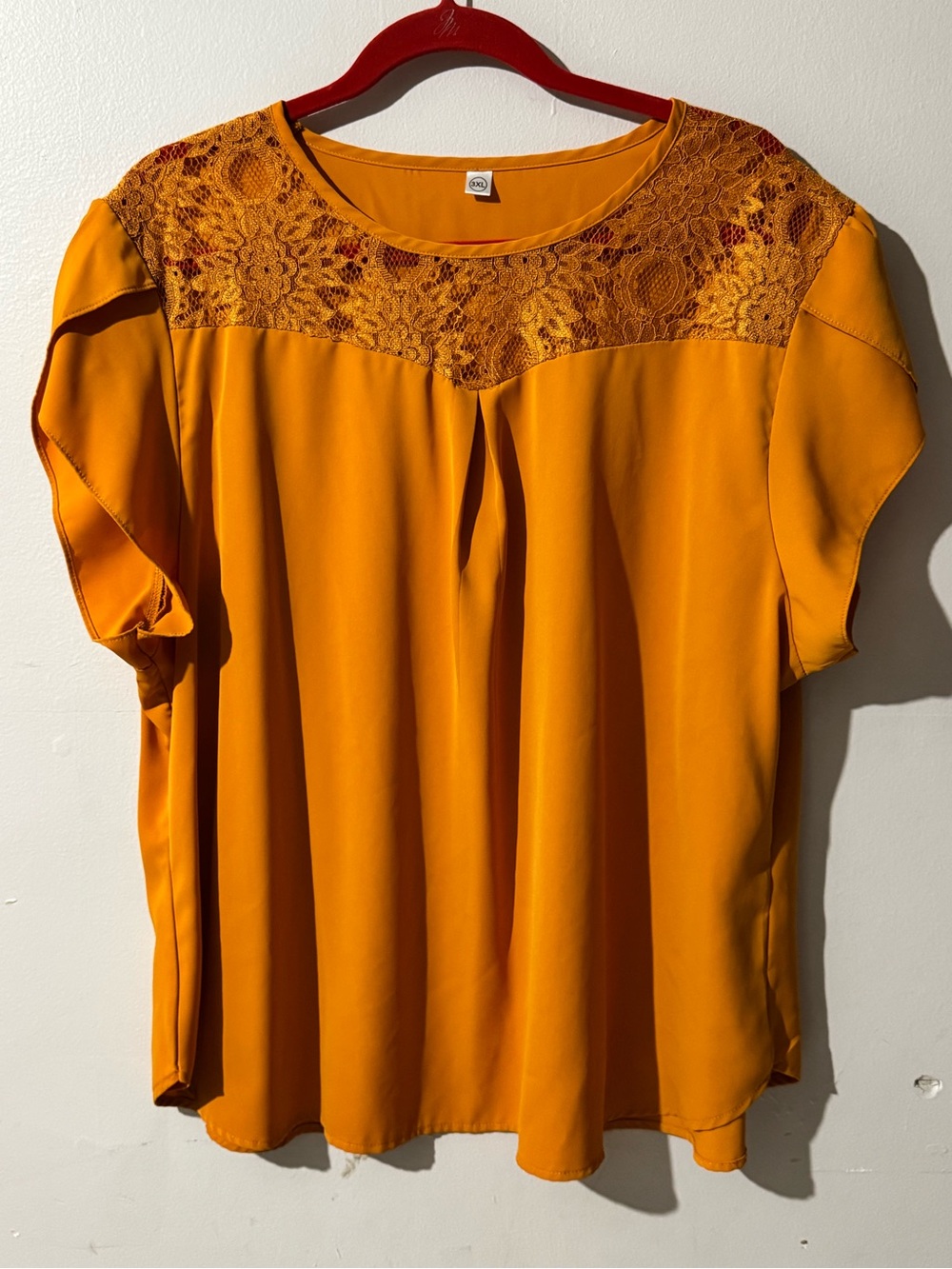 Lace Yoke Flutter Sleeve Blouse - Mustard